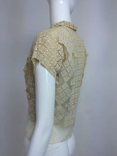 SOLD Sheer cream cotton tulle & lace button front short sleeve blouse 1930s