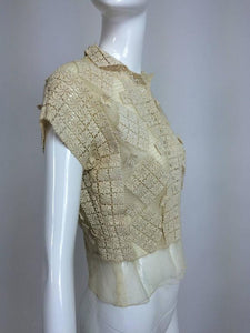 SOLD Sheer cream cotton tulle & lace button front short sleeve blouse 1930s