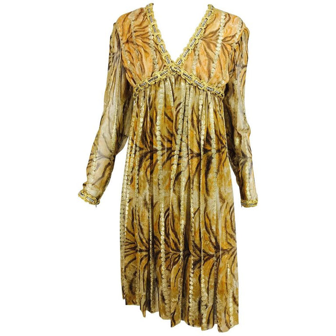 vintage Bill Blass Metallic Silk Chiffon Tiger Stripe Cocktail Dress 1970