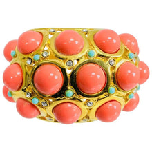 SOLD Kenneth J Lane faux coral turquoise rhinestone gold clamp cuffs bracelet