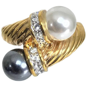 Grey and White Faux Pearls gold Twist ring with rhinestones