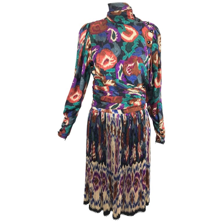 Emanuel Ungaro Rich Silk Jacqard Ikat Print Pleated Skirt and Top 1980s