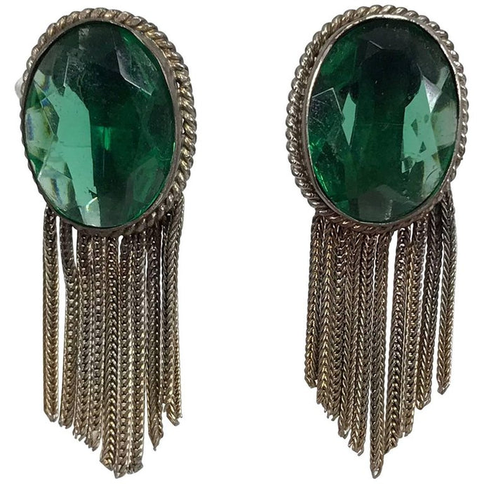 Vintage Faux Emeralds with Gold Metallic Fringe Earrings 1950s