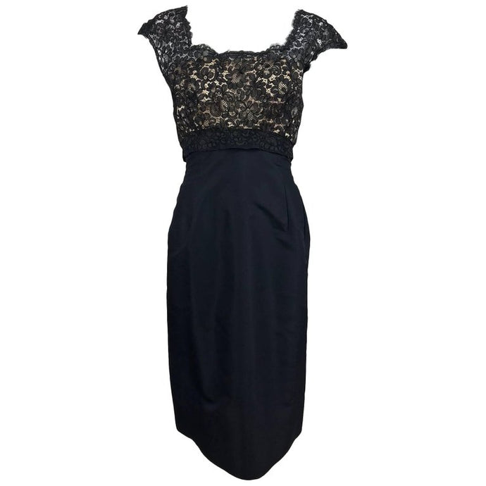 Vintage Black Silk and Guipure Lace Cocktail Dress 1950s
