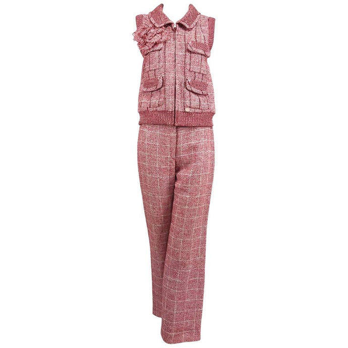 Chanel Red and White Plaid Sequin Vest and Trouser Set 2001P