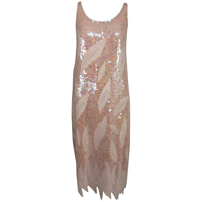 open lace back dress Pink sequin and beaded flame hem dress 1980s – Palm Beach Vintage