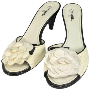 Chanel Quilted Mules Patent Heels and Camellia Flowers 38 1/2