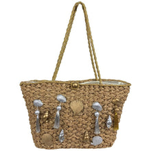 SOLD Straw tote bag with real sea shells and tassels large size 1980s