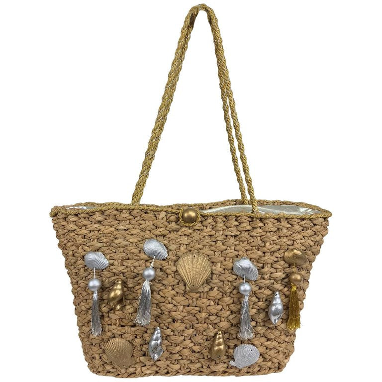 SOLD Straw tote bag with real sea shells and tassels large size 1980s