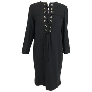 Vintage Bill Blass Black Wool Crepe Lace Front Dress 1970s