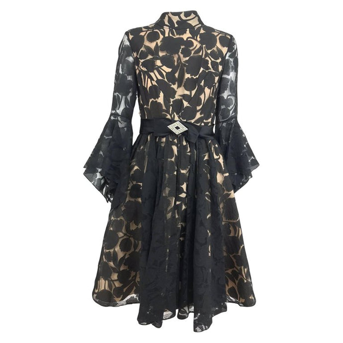 Vintage Black Nude Voided Organza Handkerchief Sleeve Dress, 1960s