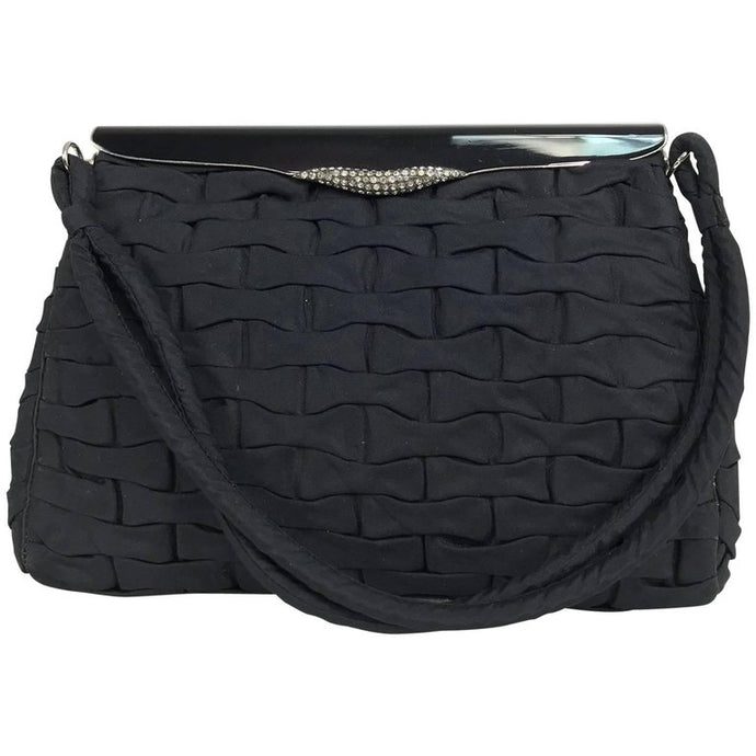 SOLD Black Woven Silk Enamel Frame Evening Bag 1950s