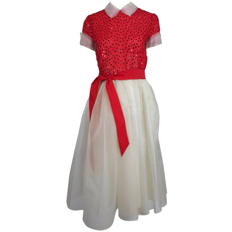 vintage Bill Blass Red White Sequined Organza Party Dress 1980s