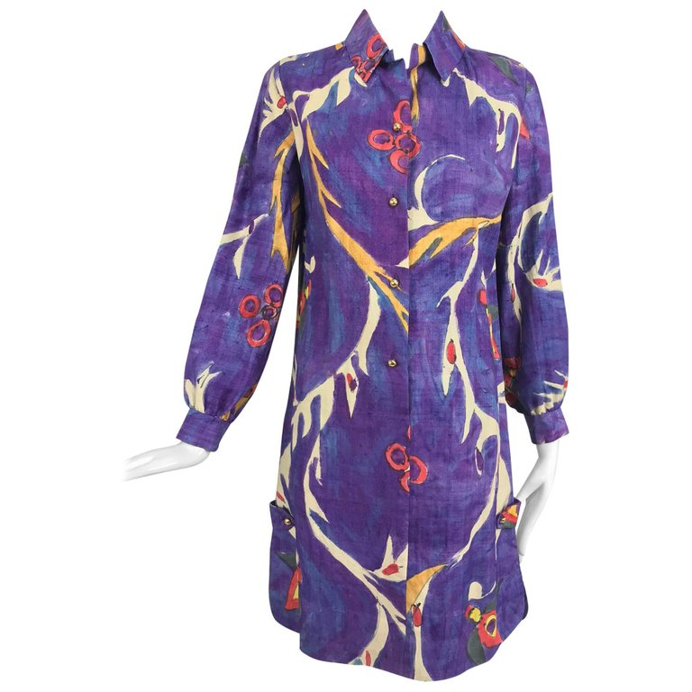 Vintage Contessa Hong Kong Hand Painted Raw Silk Shirt Dress 1960s