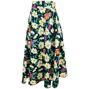 Emanuel Ungaro Cotton Floral Butterfly Print High Waist Full Skirt 1980s