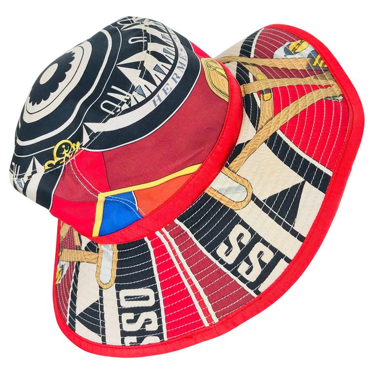 Vintage Hermes Paris by Loïc Dubigeon silk sextant print wide brim bucket hat SOLD Hermes by Loïc Dubigeon silk sextant print wide brim  main image 2