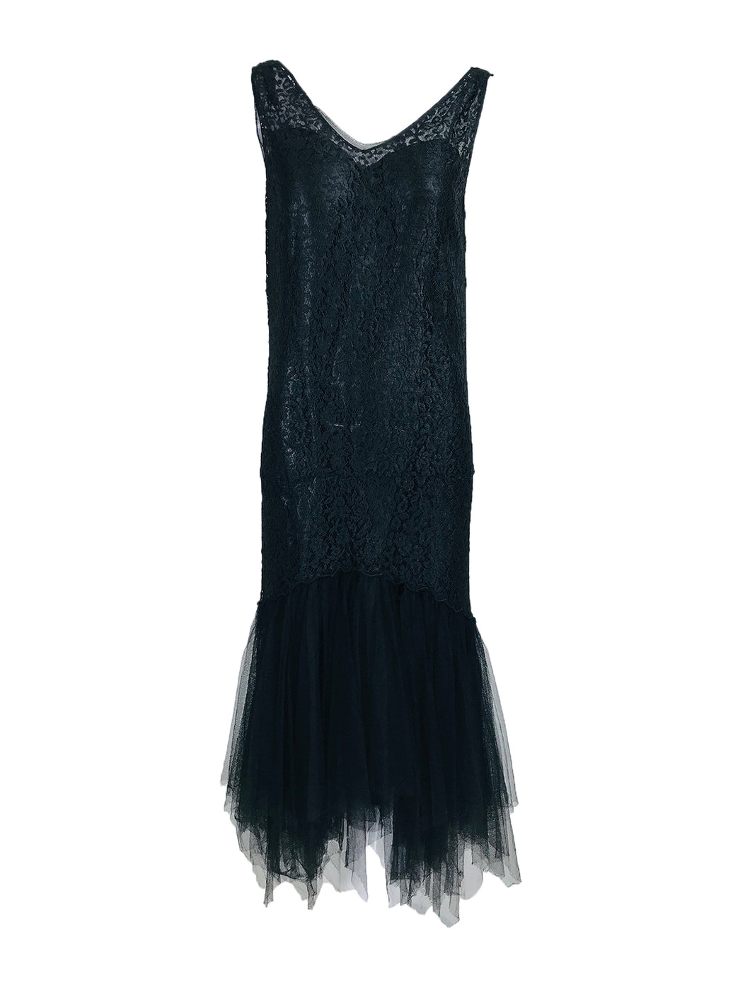  Vintage Black Lace and Tulle 1920s Flapper Dresss