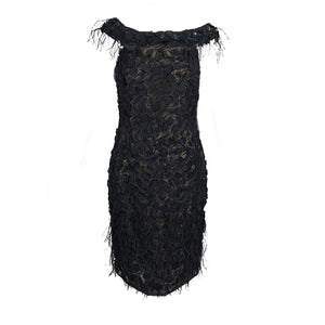Oscar de la Renta Beaded Black Silk Organza and Feather Cocktail Dress