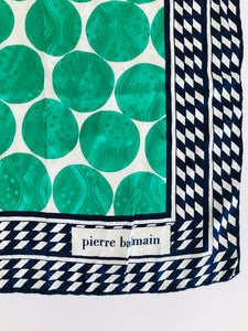 Pierre Balmain Paris Silk Jacquard Scarf Bold Green & Navy Blue Design 1970s