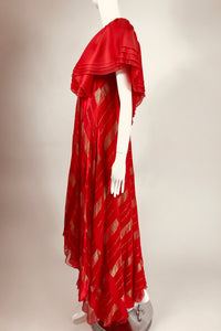 Rubin Panis Red & Gold Metallic Layered Silk Bias Cut Plunge Neck Evening Dress