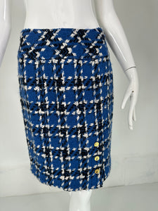 Chanel Blue White & Black Woven Wool Plaid 3 Button Front Vent Skirt 2001