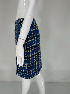 Chanel Blue White & Black Woven Wool Plaid 3 Button Front Vent Skirt 2001
