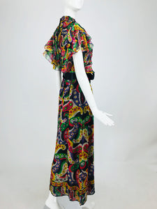SOLD Joan Leslie for Kasper Paisley Silk Organza 30s Inspired Maxi Dress 1970s