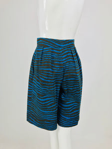 Yves Saint Laurent tiger stripe blue and brown high waist full leg shorts 1980s