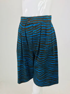 Yves Saint Laurent tiger stripe blue and brown high waist full leg shorts 1980s