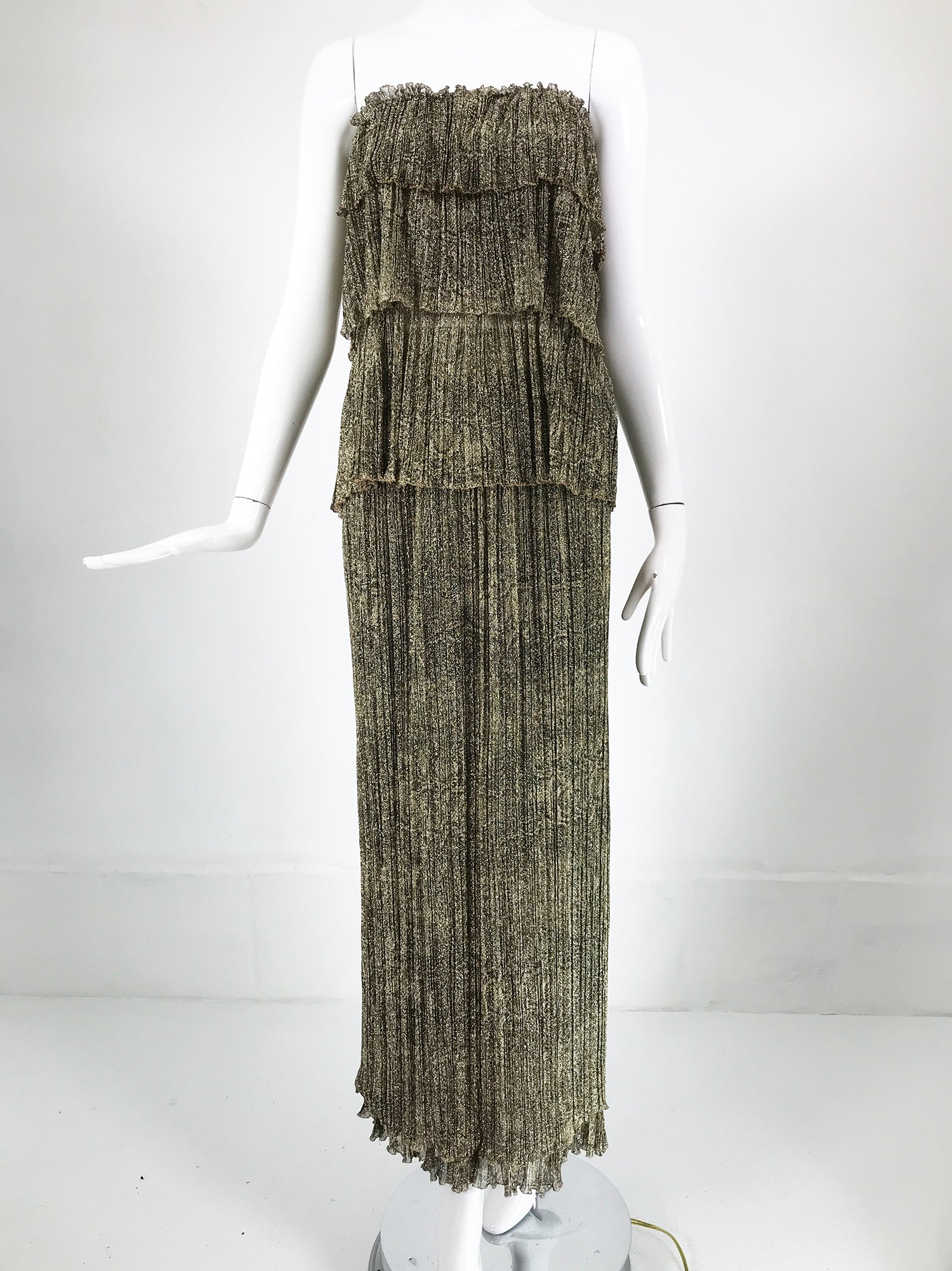 SOLD Mary McFadden Gold Metallic Jacquard Pleated Tiered Maxi dress 19 Palm Beach Vintage SOLD Mary McFadden Gold Metallic Jacquard Pleated Tiered Maxi dress 19 Palm Beach Vintage