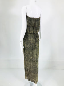 Mary McFadden Gold Metallic Pleated Tiered Maxi dress 1970s