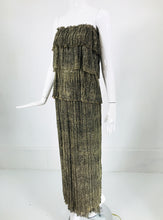 Mary McFadden Gold Metallic Pleated Tiered Maxi dress 1970s
