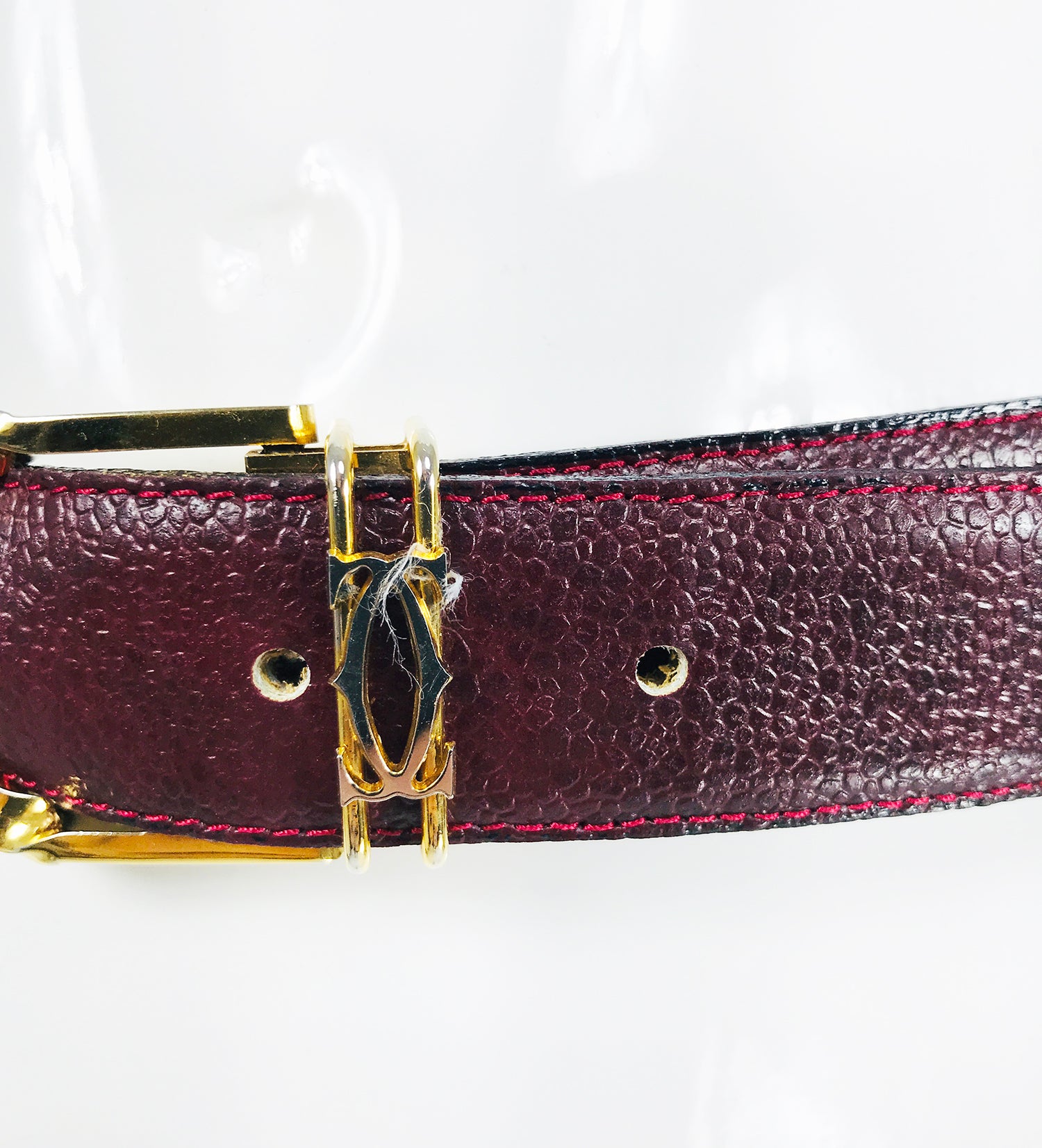 Vintage Leather Belt Sculptural Gold Buckle | Burgundy | Patina Red and Gray Stone Set in Brass Buckle on Burgundy Red  main image 3