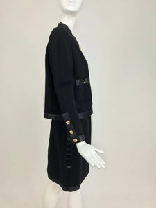 SOLD Chanel Black Wool Satin Trimmed Skirt Suit 1990s