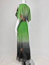 SOLD Thea Porter Couture ombred silk chiffon plunge gown with appliques 1970s