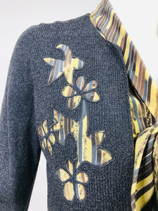 Adolfo Silk 3 pc. Set Print Shirt Pleated Maxi Skirt & Applique Sweater 1970s
