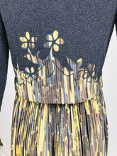 Adolfo Silk 3 pc. Set Print Shirt Pleated Maxi Skirt & Applique Sweater 1970s