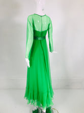 Palm Beach Green Sheer Chiffon Ruffle Skirt Maxi Dress 1970s