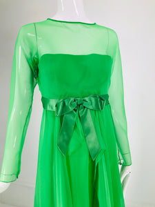 SOLD Palm Beach Green Sheer Chiffon Ruffle Skirt Maxi Dress 1970s