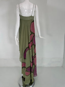 Mursan Hand Painted Silk Chiffon & Satin Bias Cut Gown Bandeau Bodice 1970s