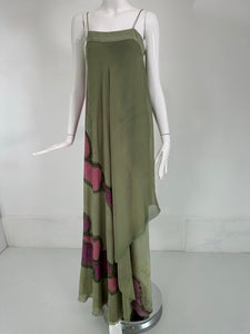 Mursan Hand Painted Silk Chiffon & Satin Bias Cut Gown Bandeau Bodice 1970s