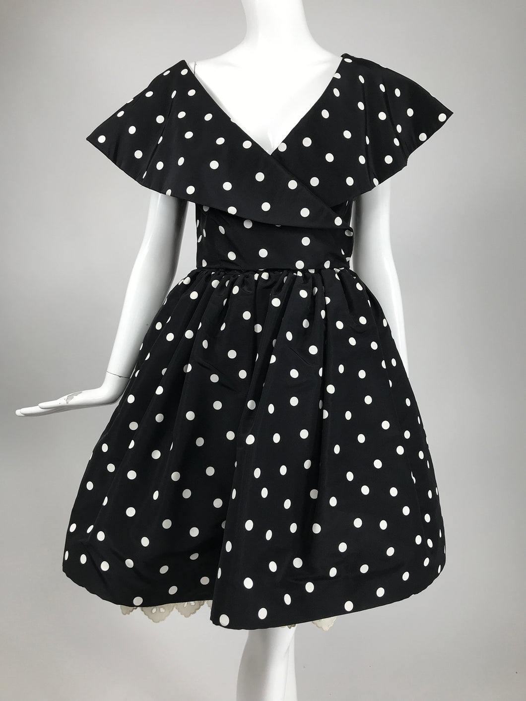 Oscar de la Renta 1980s Black & White Silk Dot Plunge Neck Bubble Dress