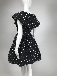 Oscar de la Renta 1980s Black & White Silk Dot Plunge Neck Bubble Dress