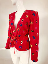 Ungaro Red Printed Silk Jacquard V Neck Button Front Jacket 1980s