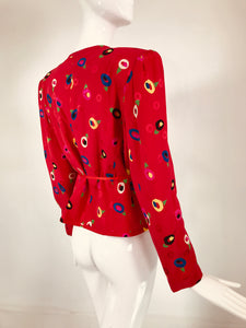 Ungaro Red Printed Silk Jacquard V Neck Button Front Jacket 1980s