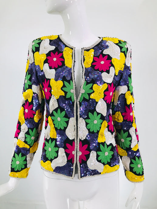 Amazing Vibrant Floral Sequin Encrusted Jacket 1970s