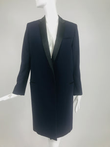 Celine Phoebe Philo 2012 Crombie Coat Dark Blue Wool & Black Satin 34