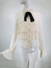 Valentino F/W 2006 Off White Silk Pleated Front Black Sequin Bow Tie Blouse UWWT