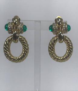 Faux Emerald & Crystal Rhinestone Twisted Gold Metal Door Knocker Earrings