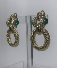 Faux Emerald & Crystal Rhinestone Twisted Gold Metal Door Knocker Earrings